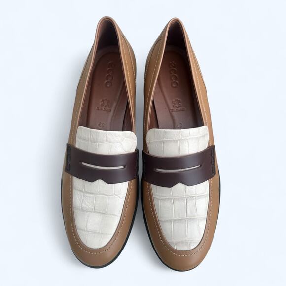 Ecco Dress Classic 15 Brown Cream Crocodile Slip on Penny Loafer Women's 40 NEW - Picture 2 of 12